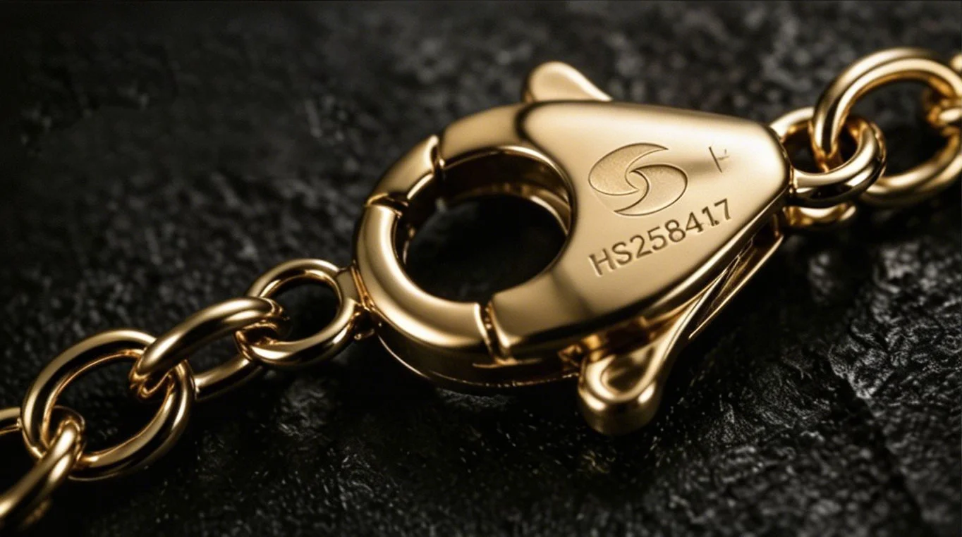 Gold jewelry lobster clasp with laser-engraved HAOSEN logo and unique serial number, professional metal component for precision jewelry assembly.