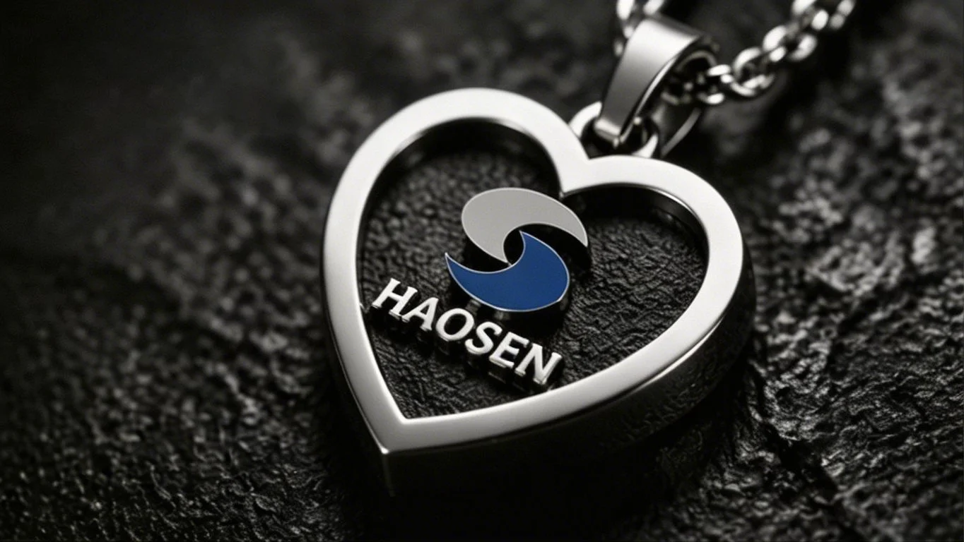 Custom HAOSEN heart pendant with 3D raised casted logo, precision metal craft for professional jewelry brand development and OEM production.