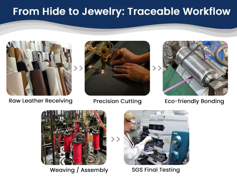 Custom leather jewelry production workflow from LWG certified hide to finished bracelet: cutting, eco-friendly gluing, hand weaving, metal assembly, and SGS testing