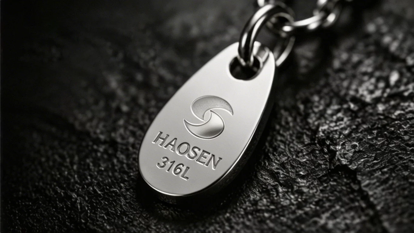 HAOSEN 316L stainless steel teardrop tag featuring a debossed hallmark logo, durable metal hardware logo custom solution for jewelry manufacturing and branding.