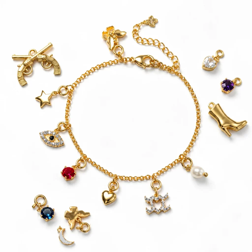 A close-up view of exquisite stainless steel charm, neatly arranged on a clean white surface. The jewelry showcases intricate craftsmanship, featuring a diverse array of designs including firearms, animals, food, and natural elements.