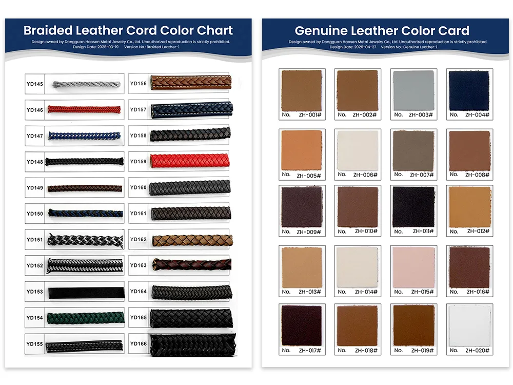 Comparison between woven leather cord color chart for jewelry making and genuine leather color chart showing natural grain texture and finish differences