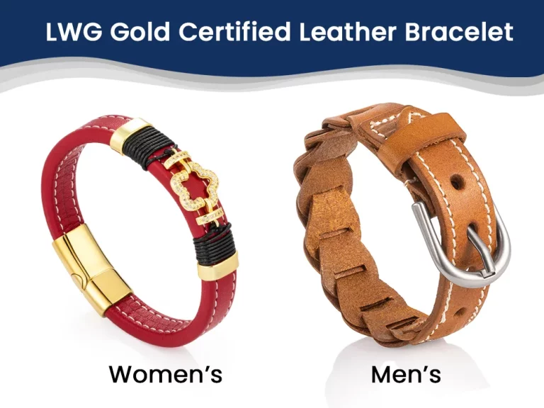 LWG gold certified leather bracelet with premium grain texture and metal clasp, showcasing sustainable leather jewelry craftsmanship
