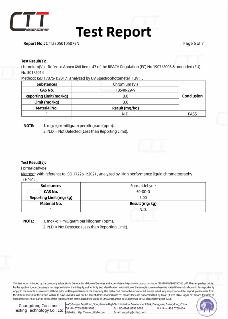 CTT test report for LWG gold certified leather: hexavalent chromium (Cr VI) result N.D., formaldehyde N.D., both comply with EU REACH limits