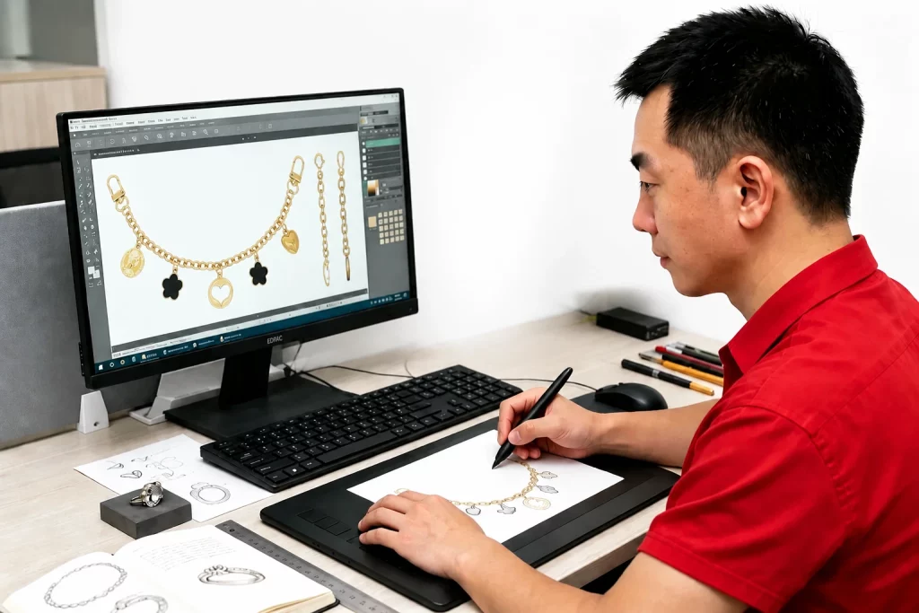 A professional jewelry designer working on bag chain design with CAD sketch and reference images for OEM custom bag chain manufacturing