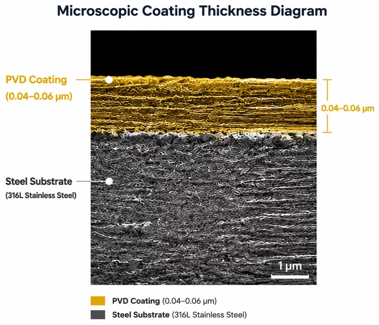 Microscopic PVD coating thickness on 316L stainless steel jewelry, showing decorative, standard, and high-end layers for plating quality and measurement.