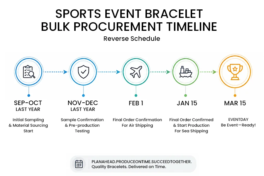 Bulk procurement and reverse production timeline chart for sports event accessories. Choose a reliable manufacturer to ensure your custom charm bracelet orders are produced and delivered on time for your big event.