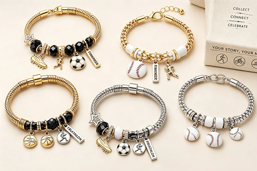 Collection of sports-themed charm bracelets featuring soccer, baseball, and athletics elements. As a premium manufacturer, we supply high-quality, multi-material sports charm bracelets and custom gift boxes.