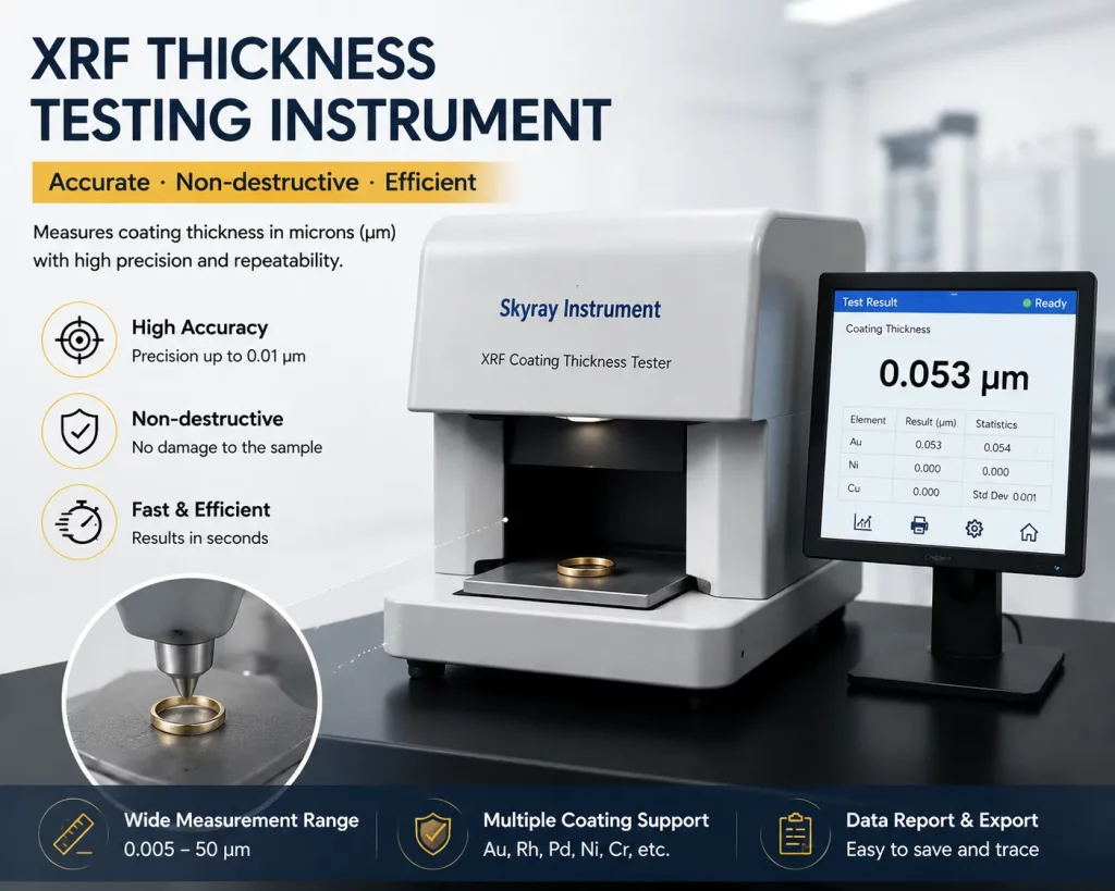 XRF coating thickness tester measuring stainless steel jewelry, precise 0.053 μm, non-destructive and high-accuracy for plating quality control.