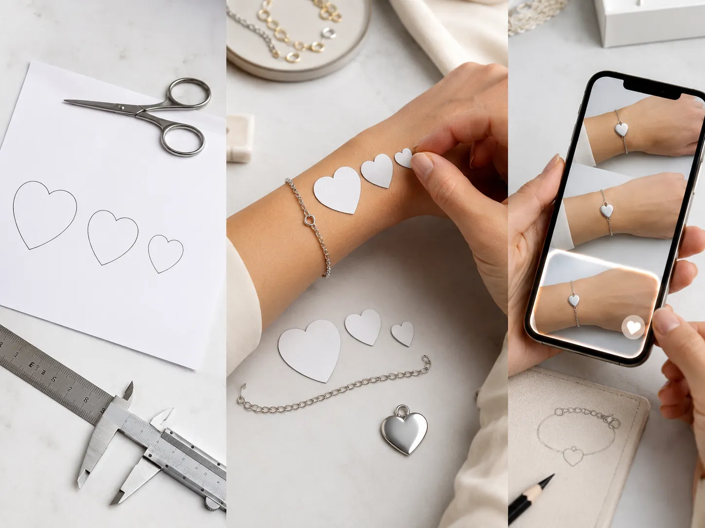 1:1 printed paper charm size samples placed on a wrist to compare real wearing proportions before mold production, showing a fast and low-cost custom jewelry manufacturer validation process for OEM bulk charm bracelet development.
