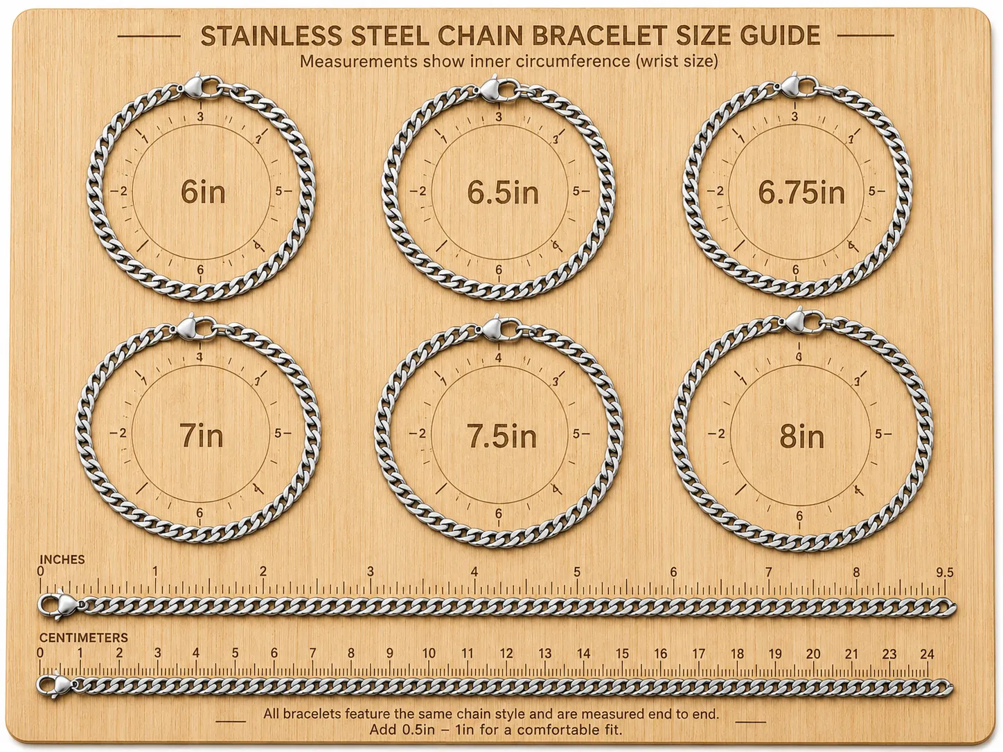 Comparison chart of bracelet sizes. OEM custom charm bracelet manufacturer