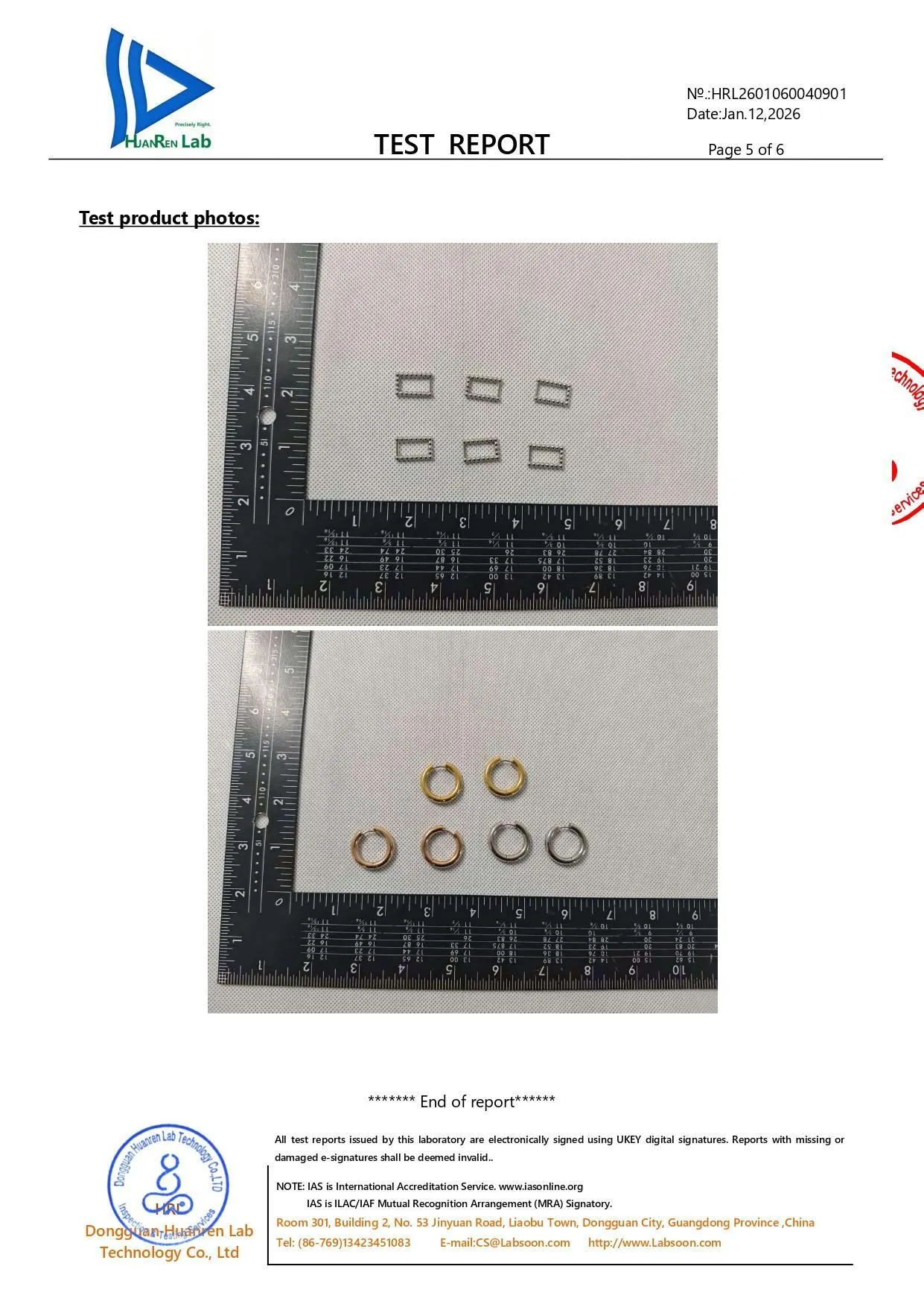 Laboratory product photos on page 5 showing gold and silver hoop earrings and rectangular jewelry components measured with a metric ruler.