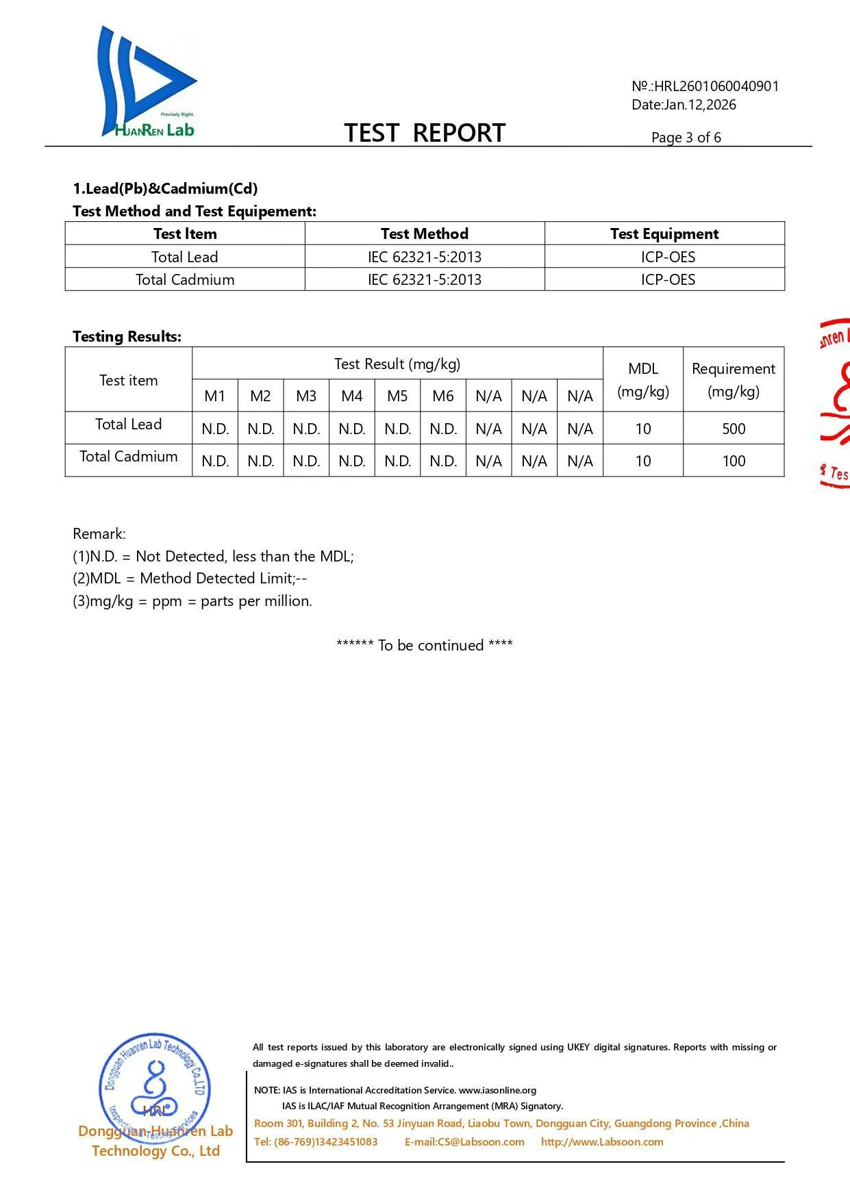 HuanRen Lab test report page 3 displaying non-detected (N.D.) compliance results for Total Lead and Total Cadmium in metal earring jewelry samples.