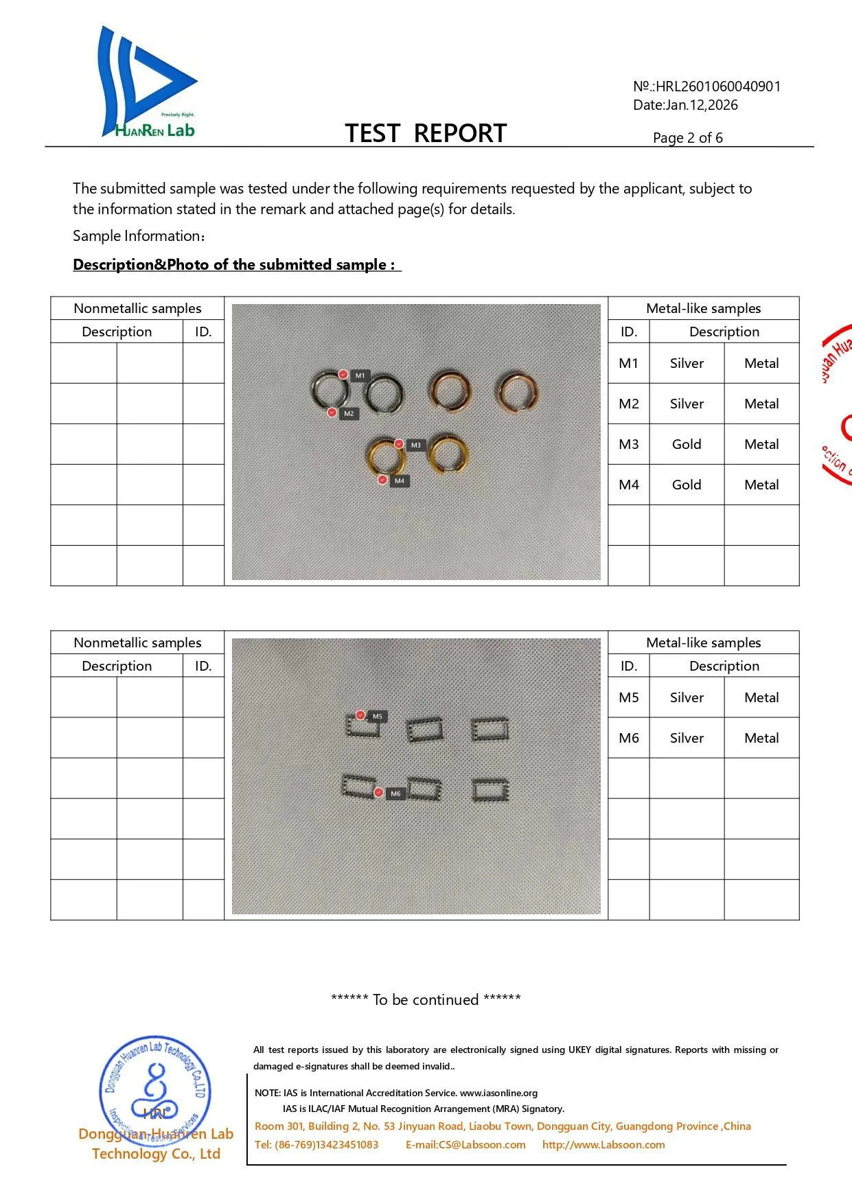 Product sample description and photography page 2 from the HuanRen Lab report, indexing gold and silver metal earring components from M1 to M6.