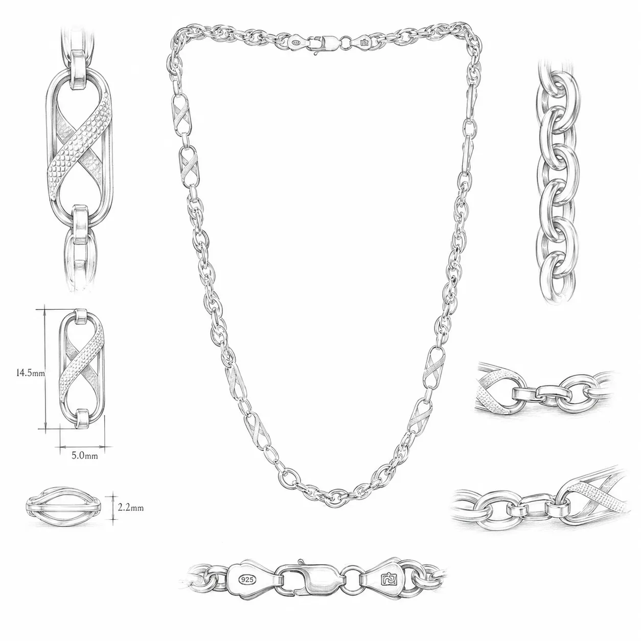 Handmade 316L stainless steel chain necklace design sketch showing mixed chain links, decorative connector details, clasp structure, and technical jewelry drawing for custom necklace development, B2B jewelry sourcing, and OEM jewelry manufacturer service.