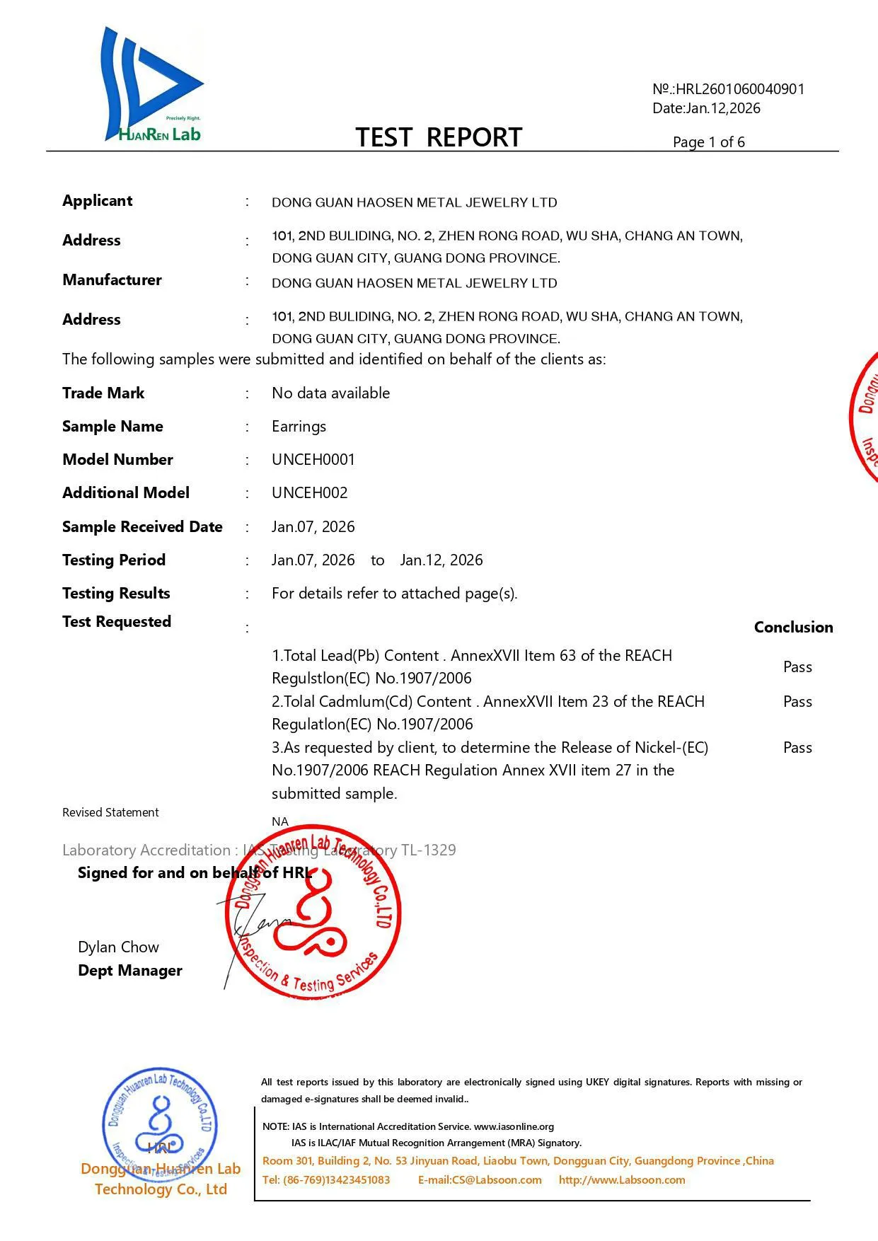 HuanRen Lab chemical test report page 1 for metal earrings by Dong Guan Haosen Metal Jewelry Ltd, showing a Pass conclusion for REACH compliance.