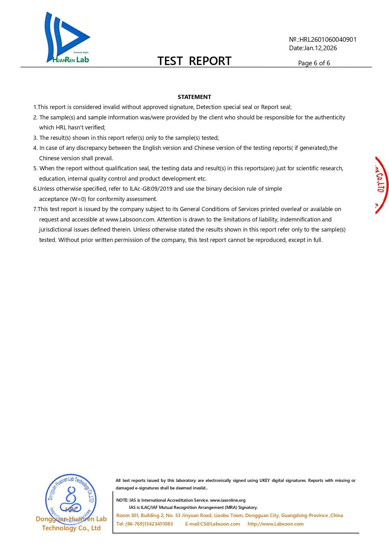 Official laboratory statement and terms of service on page 6 of the HuanRen Lab technology compliance test report.