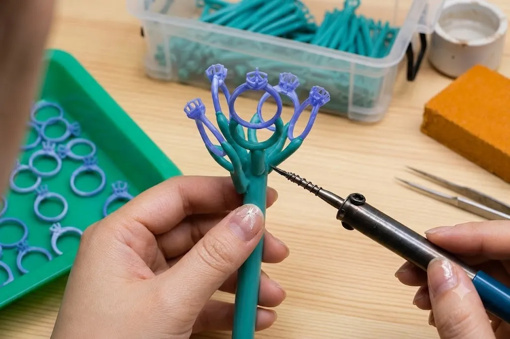 Wax tree assembly in jewelry manufacturing, with multiple wax patterns attached at a 45-degree upward angle to the central sprue for efficient batch casting.