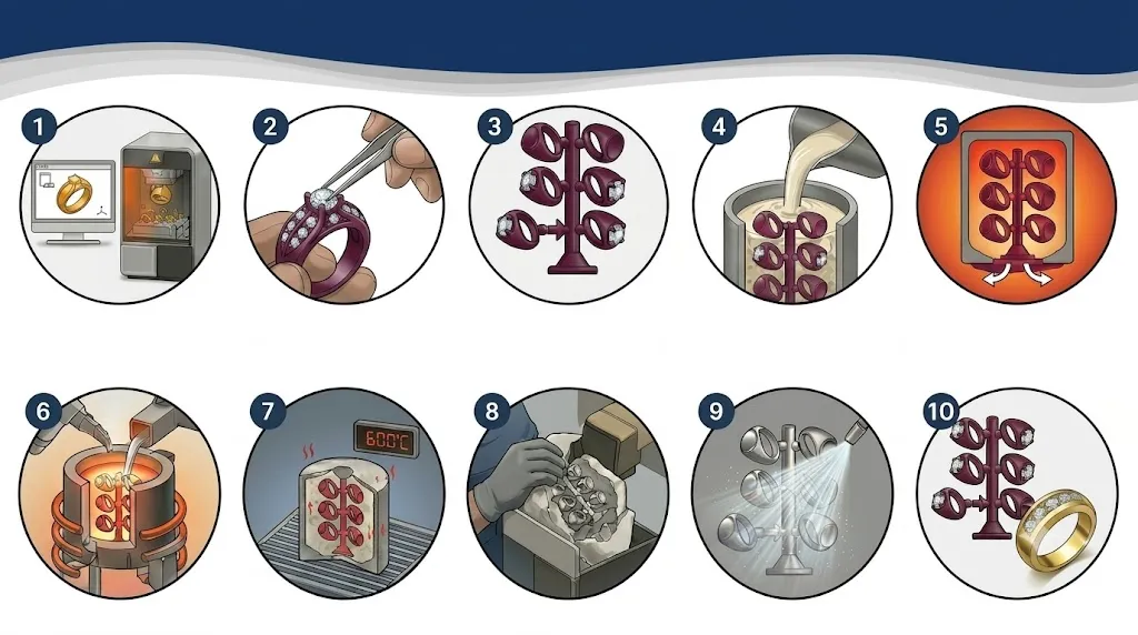 3D overview of the 10-step lost wax casting jewelry process from wax pattern making to finished metal casting