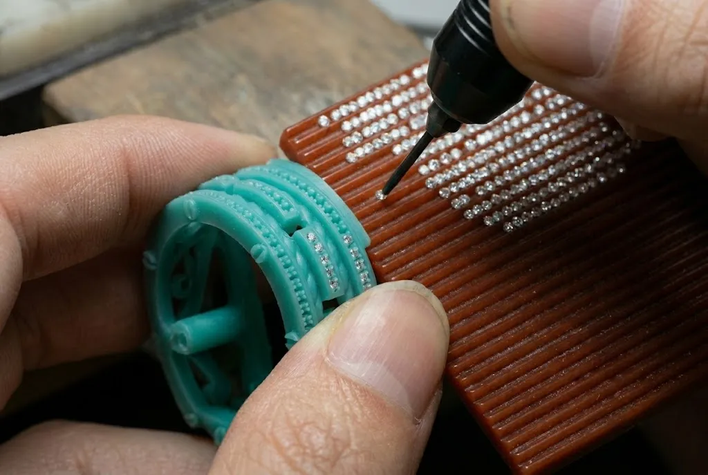 Wax stone setting process in jewelry manufacturing with CZ stones placed into wax patterns before casting