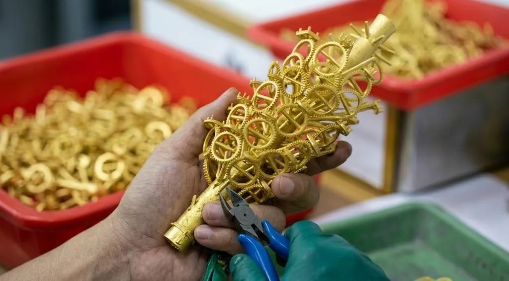 Mechanical sprue cutting on metal jewelry casting tree during lost wax casting production