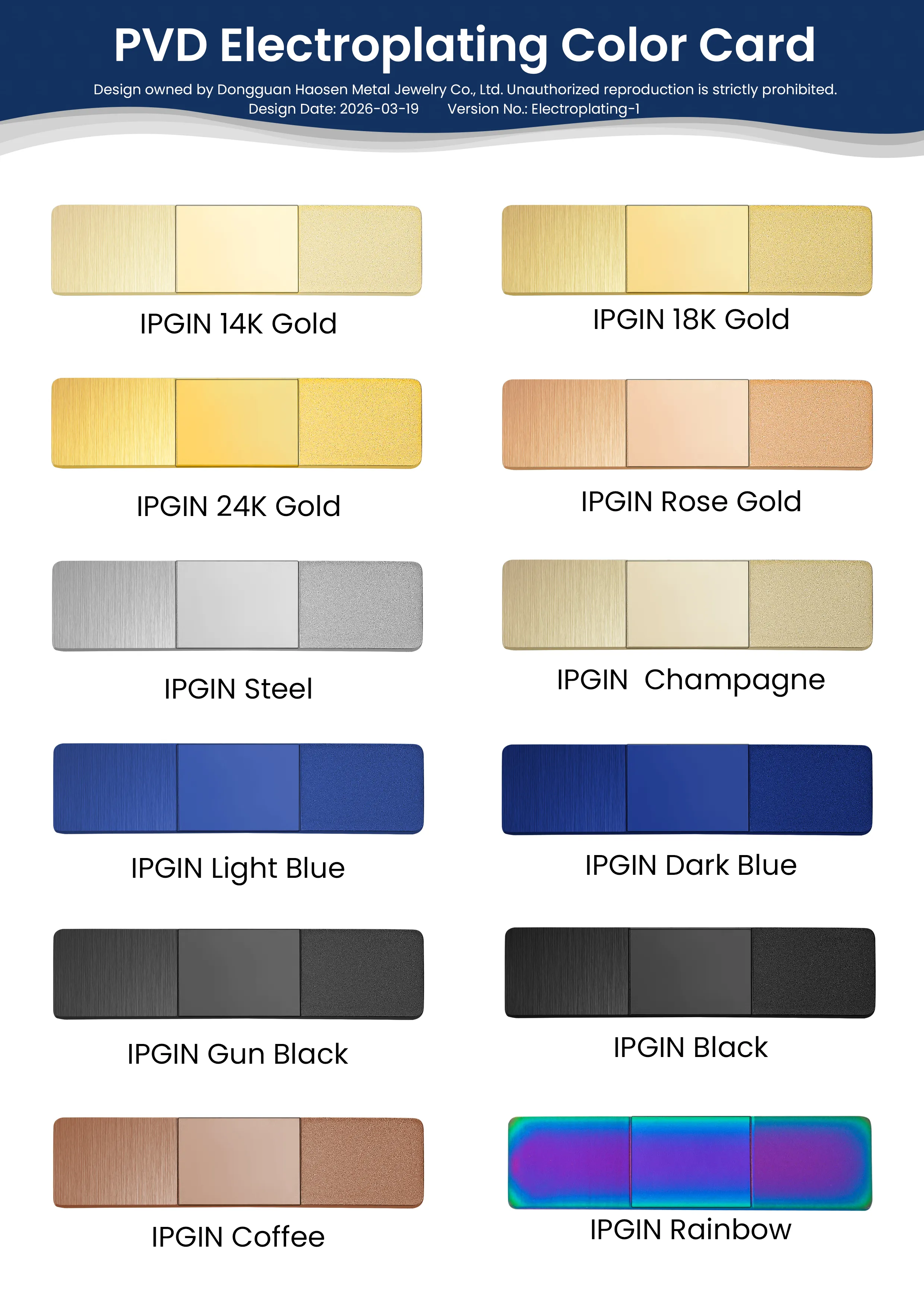Haosen PVD color chart showcasing multiple 14K gold, 18K gold, 24K gold, rose gold, black, and custom finish options for stainless steel jewelry.