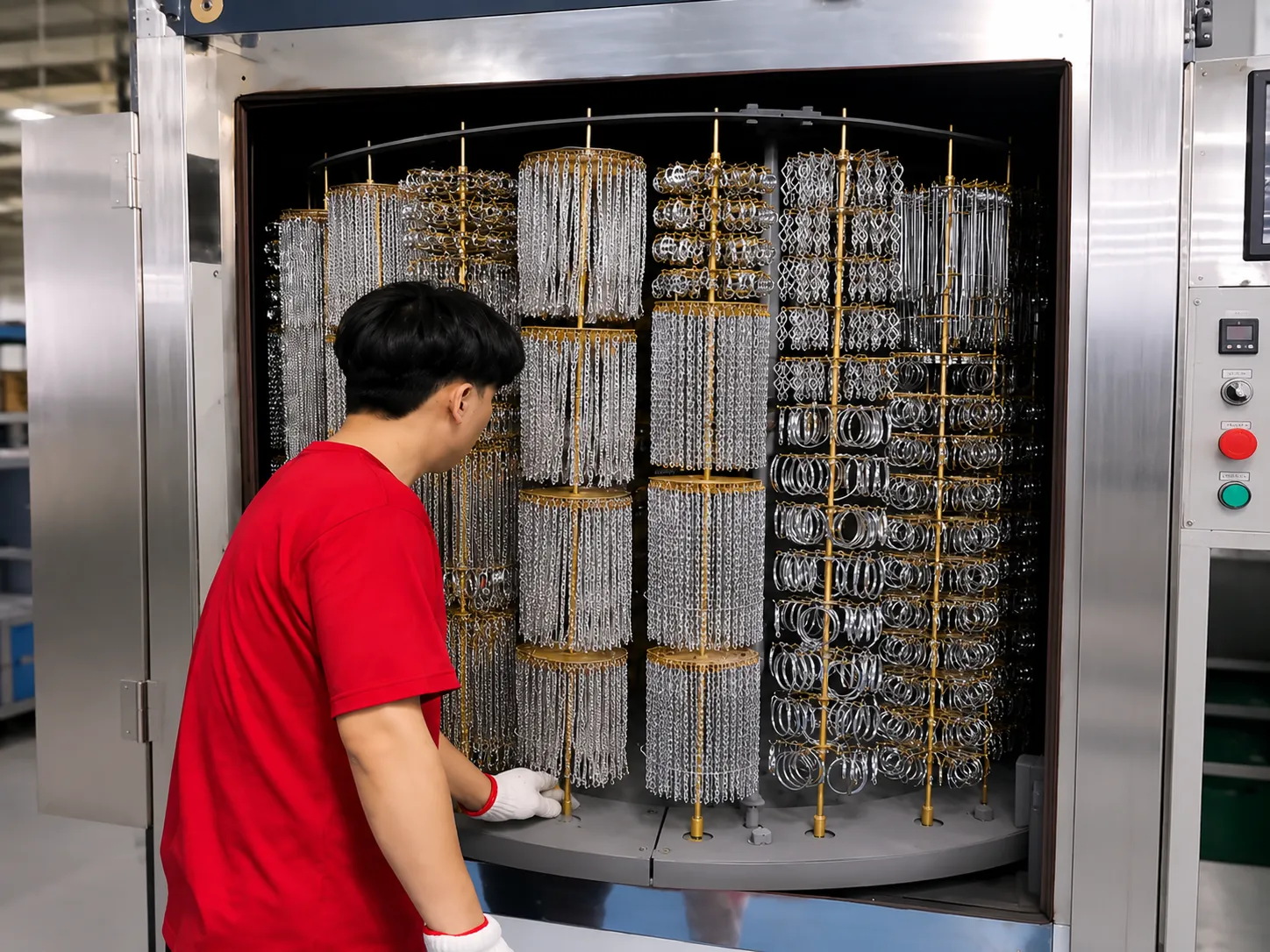 Jewelry racks loaded into a PVD vacuum chamber for vacuum heating and plasma surface activation before coating deposition.
