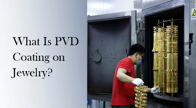 PVD coating process for stainless steel jewelry showing four manufacturing steps from surface preparation to vacuum plating and quality inspection, created by Haosen Jewelry manufacturer