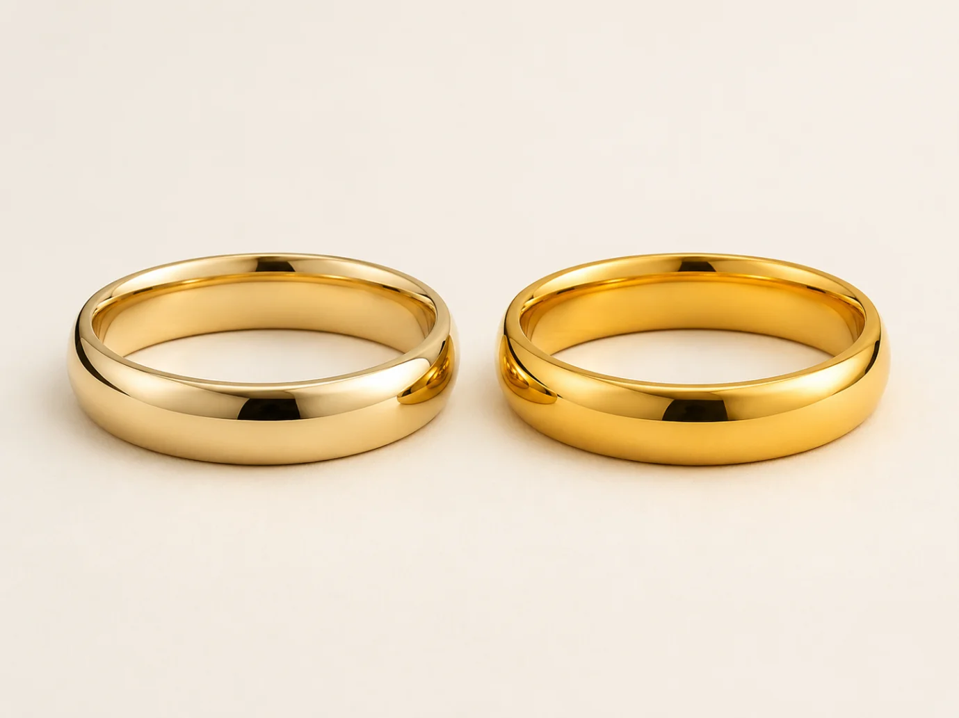 Comparison of 14k and 18k gold PVD plating tones on stainless steel rings
