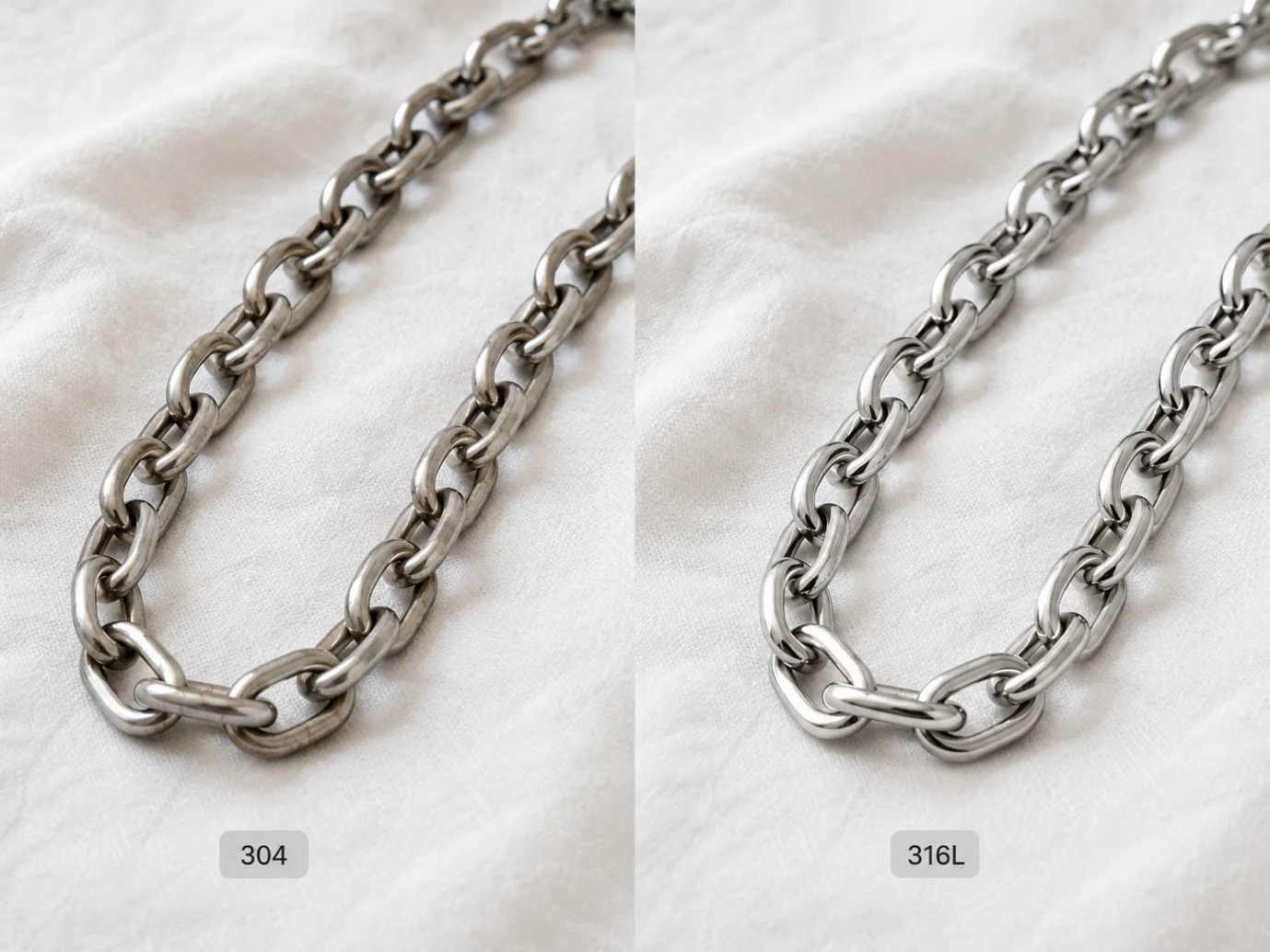Side-by-side comparison of 304 vs 316L stainless steel chains showing tarnish and rust resistance differences.