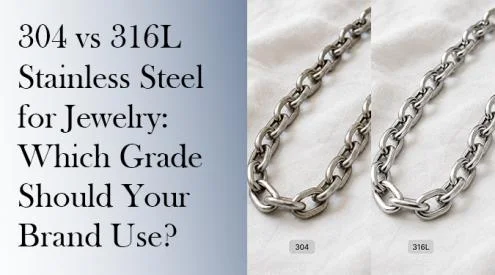 Visual comparison of 304 and 316L stainless steel jewelry chains with text asking which grade brands should use.