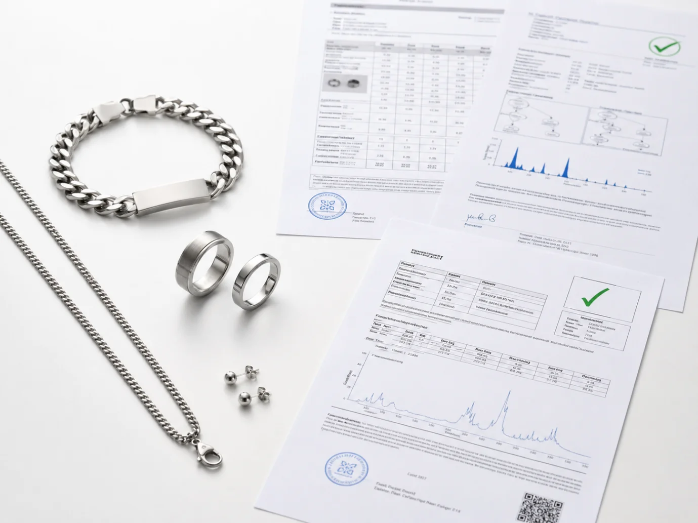A silver Cuban link chain bracelet, rings, and earrings displayed next to official EN 1811 nickel release and REACH lab test reports.