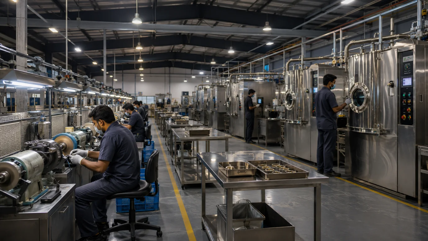 Inside a direct factory production line manufacturing 316L stainless steel jewelry with workers at machinery stations.