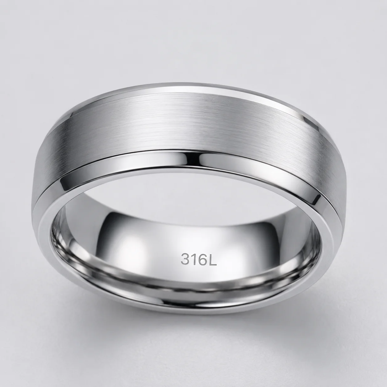 A premium 316L surgical-grade stainless steel ring with a brushed finish and a 316L stamp on the inside.