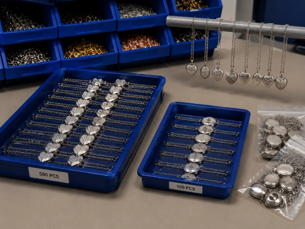 Bulk stainless steel locket necklace production arranged by order quantity at an OEM jewelry manufacturer for private label and B2B custom orders
