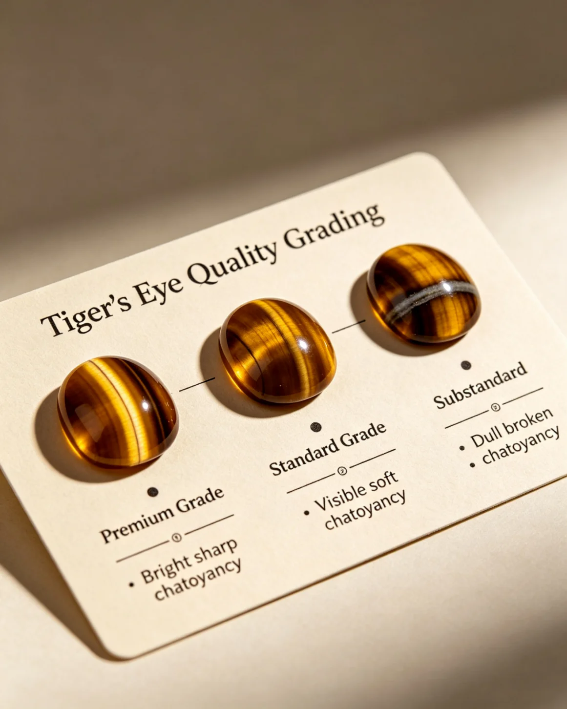 A quality grading card comparing Premium, Standard, and Substandard natural tiger's eye stones.