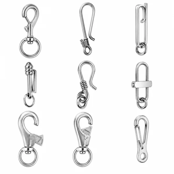 Custom stainless steel jewelry clasp collection for OEM & ODM manufacturing, including lobster clasps, snap hooks, carabiner clasps and jewelry hardware accessories from a professional jewelry manufacturer.