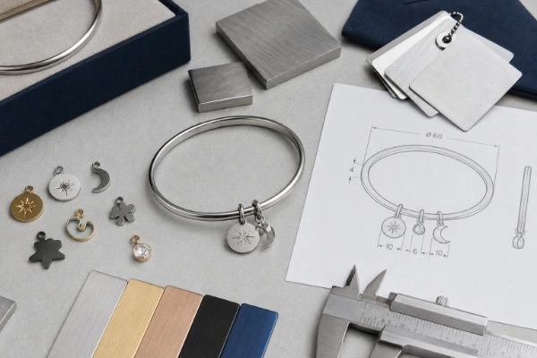 Custom 316L stainless steel bangle bracelet OEM project with technical drawing, charm samples, PVD color options and material specifications for jewelry brands seeking custom manufacturing.