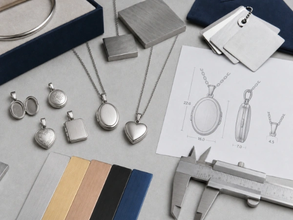 Custom 316L stainless steel locket necklace OEM development with technical drawings, size measurement, finish samples and multiple locket shapes for private label jewelry brands.