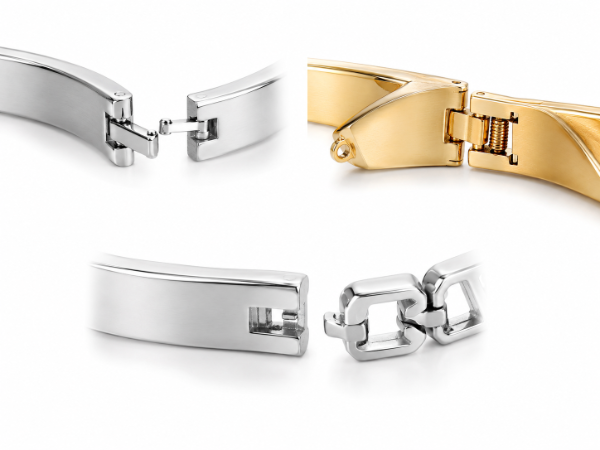 Custom bangle clasp and locking mechanism details including push-button, T-shaped and spring-loaded closures for OEM and ODM jewelry projects