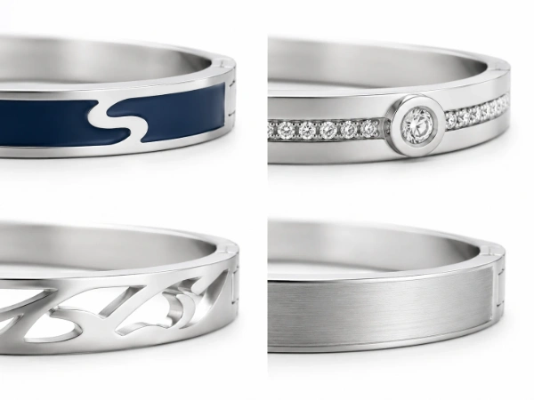 Custom stainless steel bangle decorative techniques including enamel, CZ stone setting, openwork cut-outs and brushed texture for OEM and ODM jewelry brands