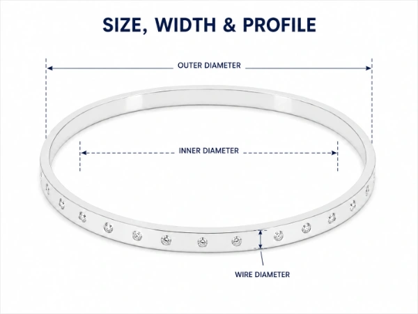 Custom bangle bracelet measurement guide showing outer diameter, inner diameter and wire diameter for jewelry manufacturers and brands