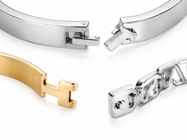 Custom bangle hinge system details with standard hinge, spring hinge and locking pin structures for jewelry brand production