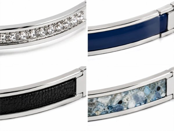 Close-up of custom bangle inlay details featuring rhinestones, enamel, leather and decorative resin or stone inserts for jewelry brands