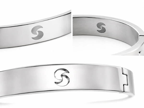 Custom bangle bracelet logo engraving details showing exterior, inner-wall and deep engraved branding for private label jewelry production