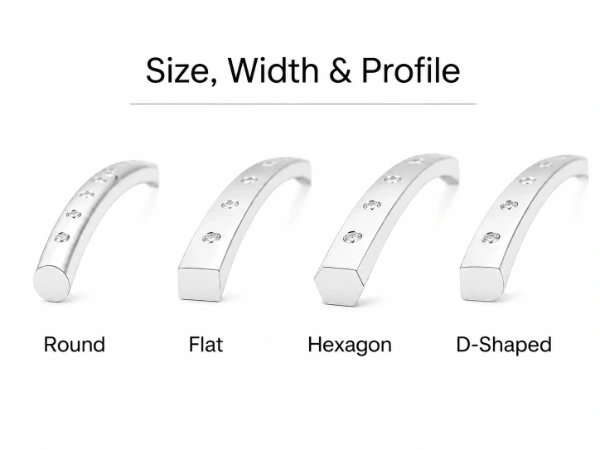 Custom stainless steel bangle profile options showing round, flat, hexagon and D-shaped cross-sections for OEM jewelry manufacturing