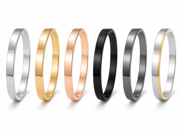 Custom stainless steel bangle PVD plating color options including silver, gold, rose gold, black and two-tone finishes for jewelry brands and manufacturers