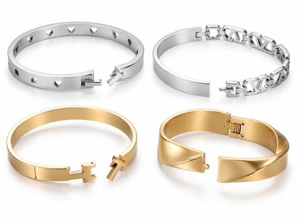 Custom stainless steel bangle structure and closure options showing hinged, spring-button, decorative clasp and link clasp designs for OEM jewelry manufacturing
