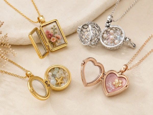 Open custom stainless steel charm and insert locket necklaces filled with dried flowers, pearls, crystals, stones, mini charms and functional inserts for OEM jewelry collections.