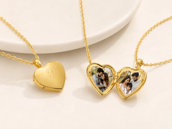 custom-heart-stainless-steel-locket-necklace-photo-design Custom gold stainless steel locket necklace with heart-shaped photo compartments for private label jewelry brands